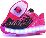 LED Light Up Roller Shoes with Double Wheels, Retractable Skateboarding Shoes for Kids Outdoor Sport Cross Trainers with Flashing Sneakers, C-rose, 1 Big Kid