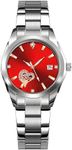 BESTKANG Watches for Women Analog Quartz Silver Stainless Steel Watches Luminous Waterproof Ladies Dress Watch (Silver red)