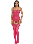 Bommi Fairy Women's Sexy Lingerie Suspenders Hollow-Out Bodysocking Babydoll Set Open Front Style Nightwear Strap Dress Lace Mesh Lingerie Dating Base Underwear (Rose)