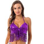 CHICTRY Women Halter Neck and Back Tie Up Bra Top with Sequins Tassel Costume Purple One Size