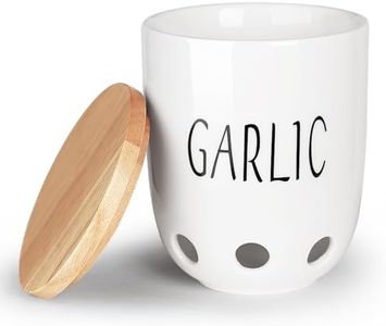 HAOTOP Ceramic Garlic Saver Container with Wood Lid (White)