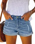 BETTE BOUTIK Women's Denim Shorts Frayed Raw Hem Ripped Jean Shorts Casual Summer Blue Denim Shorts