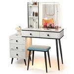 COSTWAY Dressing Table and Stool Set with 3-Color LED Lights Mirror, Drawers, Shelves & Charging Station, Detachable Makeup Vanity Table Set, Bedroom Cosmetics Dresser Gift (White, Rectangular Mirror)