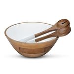 Folkulture Salad Bowls or Wooden Bowls with Salad Servers, Large Serving Bowl or Fruit Bowl, Wooden Salad Bowl Set for Mixing or Tossing, 12" D x 5" H, Mango Wood, White