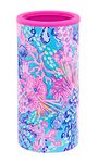 Lilly Pulitzer Slim Can Cooler, Double Wall Stainless Steel, Insulated Drink Sleeve for 12 Oz Skinny Bottles and Seltzers, Splendor in the Sand