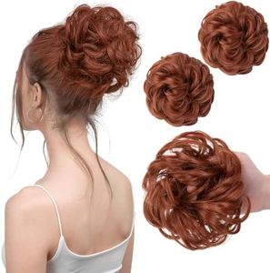 SARLA 2PCS Messy Hair Bun Hair Pieces Wavy Curly Synthetic Updo Fake Scrunchies Ponytail Extension for Women Reddish Brown