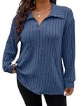 Gemulate Plus Size Long Sleeve Tops for Women Ladies Lightweight Striped Oversized Clothes Sweater Polo v Neck Tshirts Sweatshirts Royal Blue XL