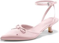 Coutgo Satin Kitten Low Heels with Bow Closed Pointed Toe Short Pumps Dress Wedding Party Shoes, Pink, Size 8.5