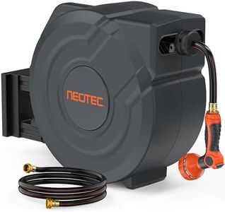 NEOTEC Retractable Garden Hose Reel 5/8 inch x 90ft - Wall Mounted Heavy Duty Hose Reel with 3/4 Inch Brass Fittings & 9-Pattern Nozzle - Auto Rewind System, Any Length Lock, 180° Swivel Bracket