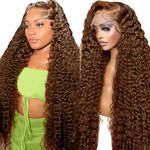 28 Inch Chocolate Brown 13x6 HD Lace Front Human Hair Wigs,Water Wave Human Hair Wig For Black Women 180 Density Glueless Bleached Knots Colored Curly Wig Human Hair Pre Plucked With Baby Hair