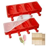 Ice Lolly Moulds 2Pcs, 4 Cavities Oval Lollipop Moulds, Non-Stick Cakesicle Moulds, Silicone Ice Popsicle Mould for DIY Ice Cream with Silicone Lid and 100 Lollipop Sticks, Red