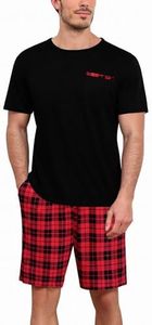Ekouaer Pijamas Corto Hombre Verano Suave Ropa de Dormir Conjunto de Pijama Manga Corta Camiseta y Pantalón de Pijama a Cuadros, Negro/Cuadros, L