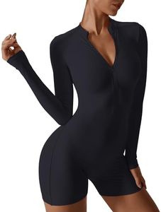 Hotfiary Women Workout Jumpsuits Yoga Romper Long Sleeve One Piece Zip Up Jumpsuits Shorts Sports Gym Unitard Casual Playsuit, Black, Small