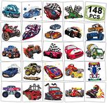 CHARLENT 148 PCS Race Car and Monster Truck Temporary Tattoos for Kids - GoKart Car Individual Tattoos for Boys Racecar Birthday Party Favors Goodie Bag Fillers