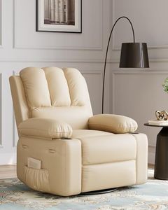 22'' Leather Recliner Chair for Adults, Overstuffed Manual Recliner Chair, Lazy Boy, Single Sofa with Cup Holder and Side Pockets, Upholstered Chair for Living Rooms, Creamy