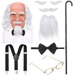 8 Pieces Old Man Costume Grandpa Costume, Wig Walking Cane Glasses Faux Eyebrows Artificial Mustache Suspenders Bow Tie(Silver White)