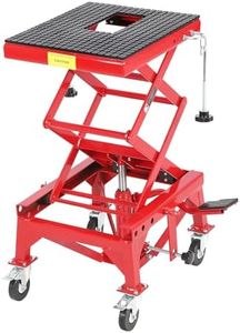 350 lbs Hydraulic Motorcycle Scissor Lift Table – Heavy-Duty Foot-Powered Portable Lift with Wide Deck, J-Hooks, 4 Swivel Casters – Red Powder-Coated Lift for Motorcycle, ATV, Dirt Bike, UTV Maintenan