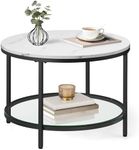 VASAGLE Round Coffee Table, Small Coffee Table with Faux Marble Top and Glass Storage Shelf, 2-Tier Circle Coffee Table, Modern Center Table for Living Room, Marble White and Ink Black ULCT072W13