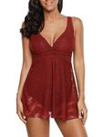 ECUPPER Womens Skirted Swimsuit One Piece Plus Size Swimdress Lace Swimwear Swimming Costume Dress with Briefs Brick Red XL