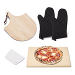 ROCKSHEAT Pizza Stone Set, 30 x 38cm Rectangular Pizza Stone for Oven Grill BBQ with Wooden Pizza Peel & Oven Mitts, Cordierite Baking Stone for Bread, Unique Built-in 4 Handles Cooking Stone