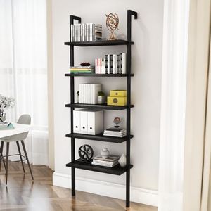 DKLGG Wall Mounted Bookcase, Industrial Ladder Bookshelf, 5-Tier Mounted Book Shelf Metal Frame Open Display Rack, Standing Leaning Ladder Storage Shelves ​for Living Room, Bedroom, Balcony, Office
