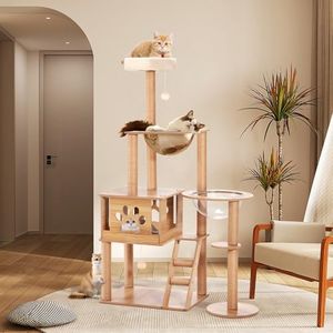 Petzly Modern Cat Tree Tower, 143CM Cat Tree for Large Cat, Wood Cat Tower Heavy Duty with Sisal Scratch Post, Ladder and Clear Bowl, Multi-Level Cat Tower for Indoor Cats