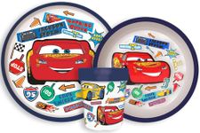 Cars Microwave Safe 3pcs Cartoon Character Non Slip Bicolor Premium Dinner Tableware Set for Children Plate, Bowl, & Cup Set BPA Free Reusable Plastic (Cars)