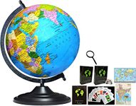 SAVY 12 Inch Globe with 52 Countries Trump Cards, 75 mm Magnifier & 2 Map Charts, Black Arc and Base, Laminated Multicolor Map, Blue Ocean for Kids School Home Office Table Décor Rotating, World Globe