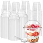 Coloch 100 Pack 9 Oz Clear Plastic Dessert Cup with Dome Lid and Spoon, Disposable PET Crystal Parfait Cup Take-out Liquid Container for Fruit, Dessert, Cupcake, Cold Drinks, Ice Cream, Snack