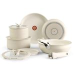 T-fal Ingenio Essentials Pots and Pan Set, Titanium Non Stick, 11 Piece, Detachable Handle Cookware, Dishwasher and Oven Safe, Stackable, Frying Pans, for RV & Condos, Beige