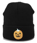 IHAUIUE Novelty Embroidered Beanie Hat Halloween Knitted Cuffed Skull Cap Double Layer Winter Watch Hats for Women, Men, Pumpkin, Black, One Size-Large