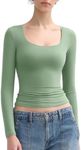 PUMIEY Women's Long Sleeve T Shirts Scoop Neck Slim Fit Going Out Tops Double Lined Basic Tee, Fern X-Small