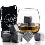 FLOW Barware Whiskey Stones | 12x Granite Reusable Ice Cubes | Whisky Gifts for men | Bourbon Scotch Whiskey Rocks | Whisky Stones with Reusable Bag