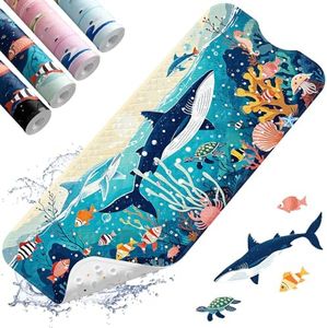 XIYUNTE Kids Bath Mat for Tub Non Slip, 40''x16'' Bathtub Mat Non Slip for Kids and Adult, Cartoon Safety Anti Slip Bath Mat for Tub with Suction Cups and Drain Holes, Machine Washable, Whale-1