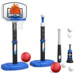 Wee Wonders 2 in 1 Toddler Basketball Hoop and T Ball Set with Automatic Pitching Machine - Adjustable Height, Kids Basketball Hoop Suit for Indoor/Outdoor, Sport Toys Gifts for Boys Age 3-5, Black