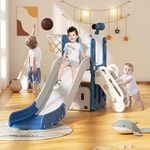 XJD Kids Slide with Basketball Hoop Toddler Climber Slide Playset with Storage Space and Telescope Playground Slipping Slide Indoor Outdoor Exercise Toy for Toddlers 1-3 years (Bluegrey)