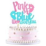 Blumomon 1Pc Glitter Pink or Blue We Love You Cake Topper Footprint Gender Reveal Cake Decoration for Baby Shower Theme Boy or Girl Gender Reveal Party Decoration Supplies