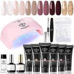 Modelones Poly Nail Gel Kit with 20W Nail Lamp, 6 Colors Poly Nail Extension Gel Kit Glitter Pink Red Builder Nail Gel Nail Strengthen Base Top Coat Set Nail Forms for Nail Art DIY at Home