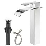 Bathlavish Vessel Sink Faucet Chrome Waterfall for Bathroom Vanity Single Hole 1 Handle with Pop Up Drain Without Overflow Lead-Free