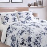 Wellbeing Cotton Quilt Set King Size Floral Quilts Navy Blue & White Bedding Sets, 3 Piece Lightweight Quilted Coverlet Sets with 2 Pillow Shams for All Seasons (104''x90'')