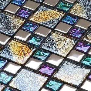 Hominter 6-Sheets Multi Colored Backsplash Tile, Silver Coated Glass Mosaic Tiles, Clear Glossy Crystal Kitchen Tiles, Perfect for Bathrooms and Shower Walls D1391