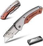 WORKPRO Folding Utility Knife, Quick-Change Box Cutter with Stainless Steel Head & Liner Lock, Wood Handle Razor Knife and Extra 10PC SK5 Blades