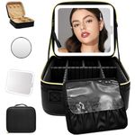 WITFAMILY Travel Makeup Bag with 3 Setting Adjustable LED Mirror, Makeup Organiser Bag for Cosmetics，Makeup Case with Adjustable Compartment，Jewelry Box,10x Mirror（Black）