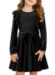 Yoklass Girls Casual Black Dress Long Sleeve Elegant Flowy Dresses with Belt 6-7 Years