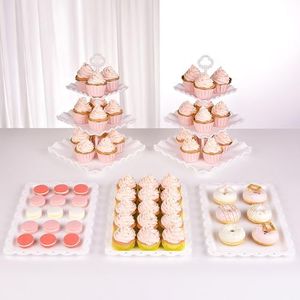 NWK 5 Piece Cake Stand Set with 2xLarge 3-Tier Cupcake Stands + 3X Appetizer Trays Perfect for Wedding Birthday Baby Shower Tea Party（Square)