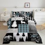 Hunting Deer Bear Comforter Set Queen Size,Woodland Animals Rustic Cabin Bedding Set for Boys Girls,Teal Buffalo Plaid Patchwork Down Comforter RV Camping Decor,Farmhouse Pine Tree Footprint Quilt