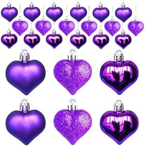 Tindobewan 24Pcs Heart Ornaments Multi Finish Heart Baubles Hanging Ornaments for Valentine’s Day Decor Christmas Tree Wedding Anniversary Party Decoration(Purple)