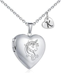 YOUFENG Unicorns Gifts for Her Love Heart Initial Letter Locket Necklace that Holds Pictures Enamel Locket Pendant Gifts for Women K