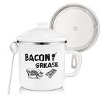 BokingOne Bacon Grease Container with Strainer, 1.5L/46oz Large Stainless Steel Cooking Oil Container with Lid & Spoon, White Enamel Bacon Grease Keeper for Bacon