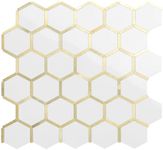 DICOFUN 10-Sheet Hexagon Peel and Stick Backsplash Tile, Polished White Tile Look Mixed Metal Gold Kitchen Backsplash Peel and Stick Wall Tiles